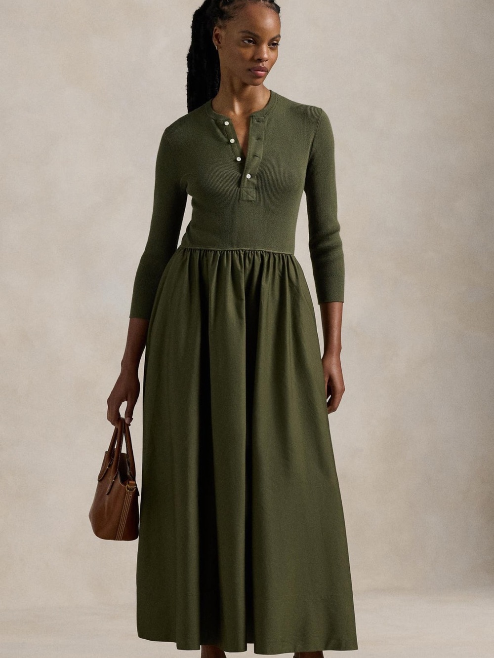 Polo by Ralph Lauren Olive Green Knit Henley Maxi with Gathered Skirt